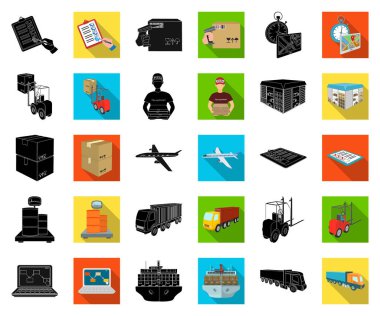 Lojistik ve teslimat siyah, düz simgeler set koleksiyonu tasarım için. Taşıtlar ve donatımı izometrik vektör simge stok çizim.