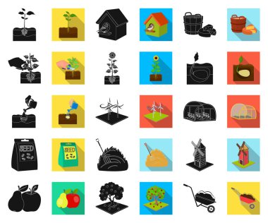 Çiftlik ve tarım siyah, düz simgeler set koleksiyonu tasarım için. Bahçe ve bitki izometrik vektör simge stok web çizim.