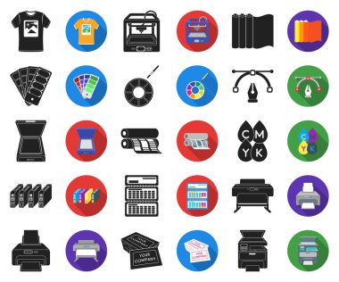 Matbaa ürünleri siyah, düz simgeler set koleksiyonu tasarım için. Sembol stok web illüstrasyon vektör yazdırma ve ekipman.