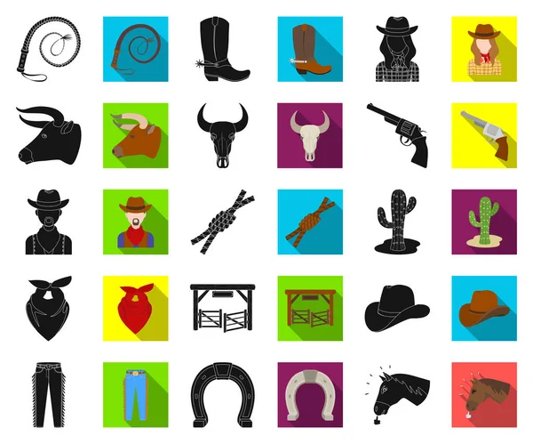 Rodéo, compétition noire, icônes plates dans la collection set pour le design. Cowboy et équipement vectoriel symbole stock illustration web . — Image vectorielle