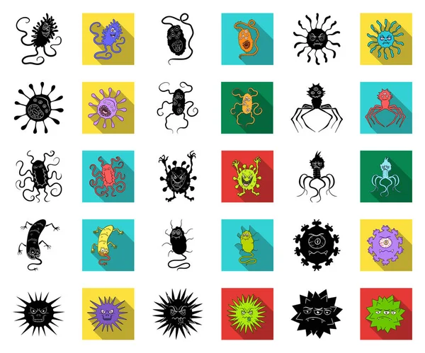 Tipos de micróbios engraçados ícones pretos e planos na coleção de conjuntos para design. Ilustração patogênica da teia do estoque do símbolo do vetor dos micróbios . — Vetor de Stock