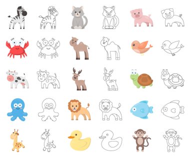 Gerçekçi olmayan bir çizgi film, set koleksiyonu tasarım için anahat hayvan simgeler. Oyuncak hayvanlar sembol stok web illüstrasyon vektör.