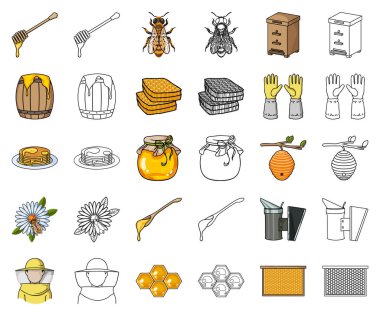 Arı kovanı ve arıcılık çizgi film, set koleksiyonu tasarım için anahat simgeleri. Ekipman ve bal üretim sembol stok web illüstrasyon vektör.