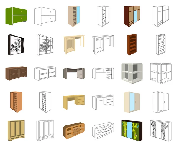 Muebles de dormitorio de dibujos animados, esbozar iconos en la colección de conjuntos para el diseño. Muebles de madera modernos vector isométrico símbolo stock web ilustración . — Vector de stock