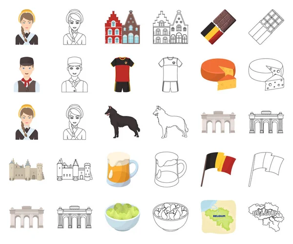 Země Belgie kreslený, osnovy ikony v nastavení kolekce pro design. Cestování a atrakce Belgie vektor symbol akcií web ilustrace. — Stockový vektor