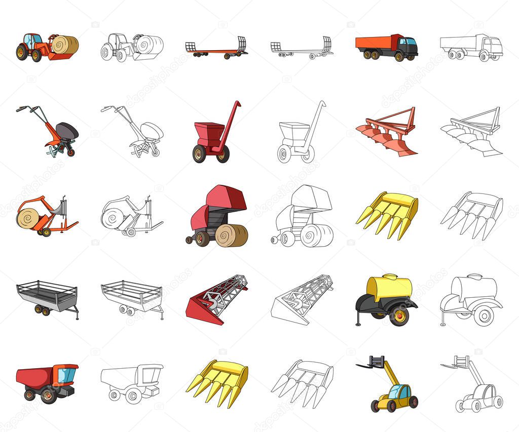 Agricultural machinery cartoon,outline icons in set collection for design. Equipment and device vector symbol stock  illustration.