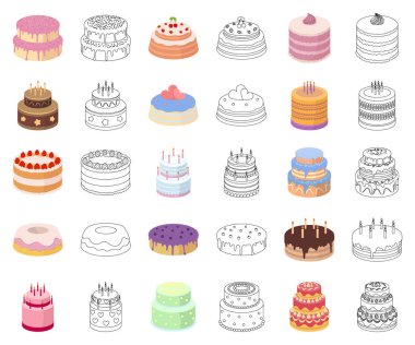 Pasta ve tatlı çizgi film, set koleksiyonu tasarım için anahat simgeleri. Tatil kek vektör simge stok web çizim.