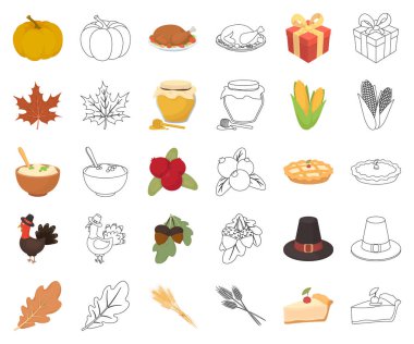 Kanada Şükran günü çizgi film, set koleksiyonu tasarım için anahat simgeleri. Kanada ve gelenek sembol stok web illüstrasyon vektör.