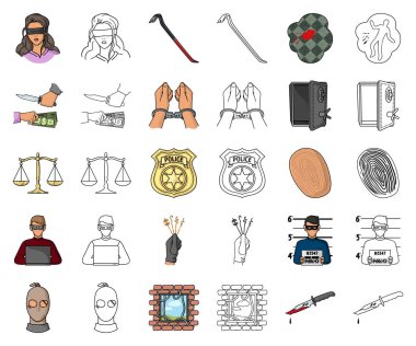 Suç ve ceza karikatür, set koleksiyonu tasarım için anahat simgeleri. Suç vektör simge stok web çizim.