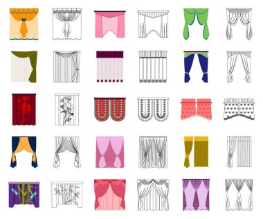 Perde çeşitleri karikatür, set koleksiyonu tasarım için anahat simgeleri. Perdeler ve Saçakların sembol stok web illüstrasyon vektör.