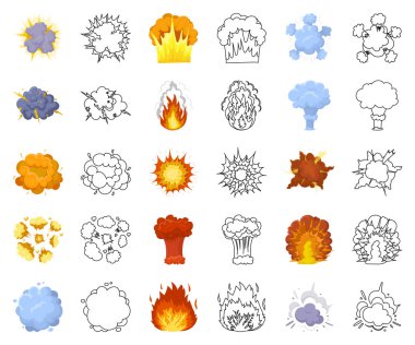 Farklı patlamalar çizgi film, set koleksiyonu tasarım için anahat simgeleri. Flash ve alev vektör simge stok web çizim.