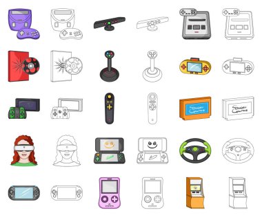 Oyun konsolu ve sanal gerçeklik çizgi film, set koleksiyonu tasarım için anahat simgeleri. Oyun gadget'lar sembol stok web illüstrasyon vektör.