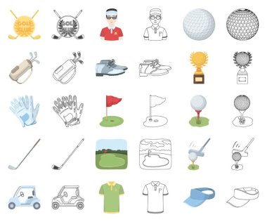 Golf ve öznitelikleri çizgi film, set koleksiyonu tasarım için anahat simgeleri. Golf Kulübü ve ekipman sembol stok web illüstrasyon vektör.