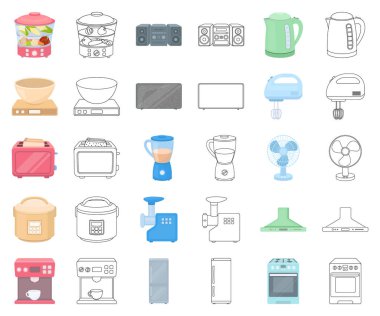 Ev aletleri tür karikatür, set koleksiyonu tasarım için anahat simgeleri. Mutfak ekipmanları vektör simge stok web çizim.