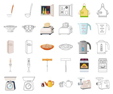 Mutfak ekipmanları çizgi film, set koleksiyonu tasarım için anahat simgeleri. Sembol stok web illüstrasyon vektör mutfak ve aksesuarları.