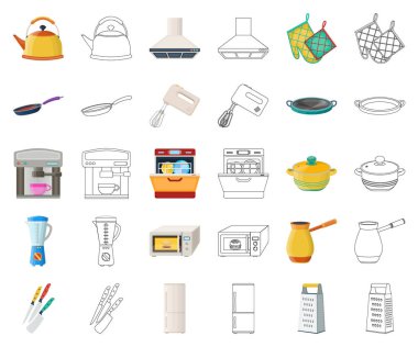 Mutfak ekipmanları çizgi film, set koleksiyonu tasarım için anahat simgeleri. Sembol stok web illüstrasyon vektör mutfak ve aksesuarları.