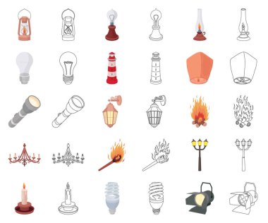 Işık kaynağı çizgi film, set koleksiyonu tasarım için anahat simgeleri. Işık ve ekipman sembol stok web illüstrasyon vektör.