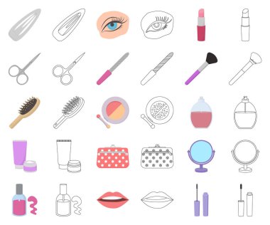 Makyaj ve kozmetik çizgi film, set koleksiyonu tasarım için anahat simgeleri. Makyaj ve ekipman sembol stok web illüstrasyon vektör.