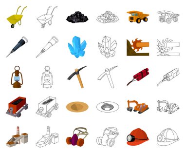 Sanayi karikatür madencilik, set koleksiyonu tasarım için simgeleri anahat. Cihazlar ve sembol stok web illüstrasyon vektör.