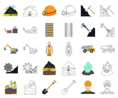 Sanayi karikatür madencilik, set koleksiyonu tasarım için simgeleri anahat. Cihazlar ve sembol stok web illüstrasyon vektör.