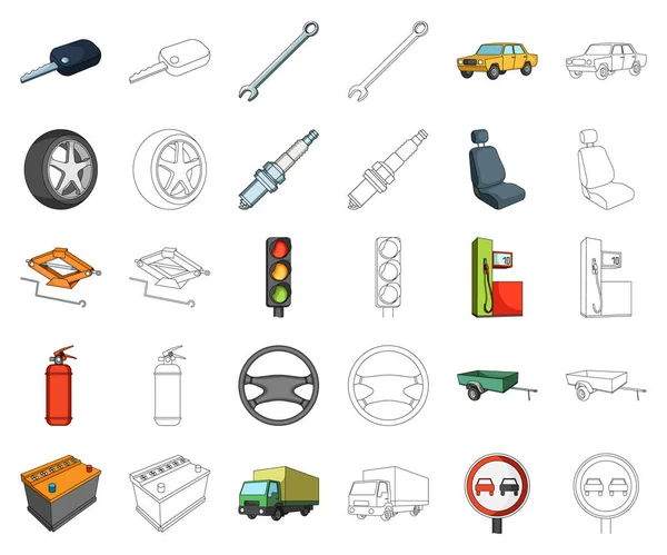 Auto, cartone animato veicolo, icone contorno in collezione set per il design. Auto e attrezzature vettoriale simbolo stock web illustrazione . — Vettoriale Stock
