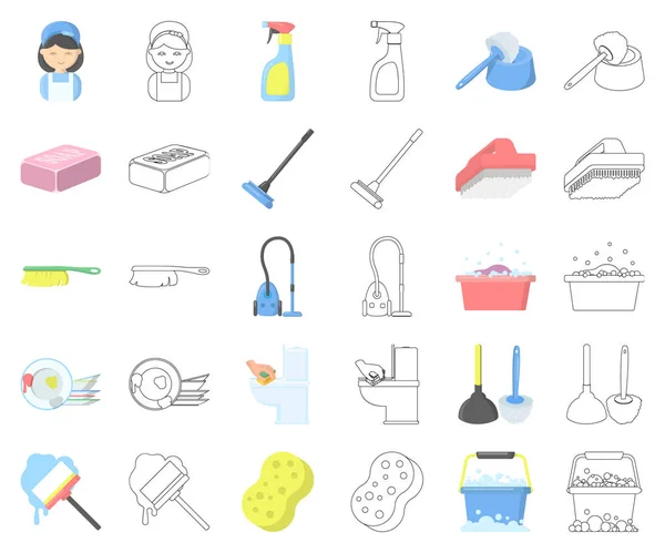 Cleaning and maid cartoon, outline icons in set collection for design. Оборудование для очистки векторного символа . — стоковый вектор