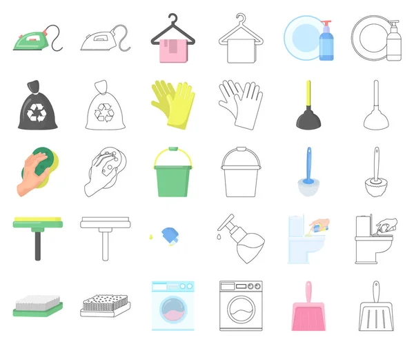 Cleaning and maid cartoon, outline icons in set collection for design. Оборудование для очистки векторного символа . — стоковый вектор