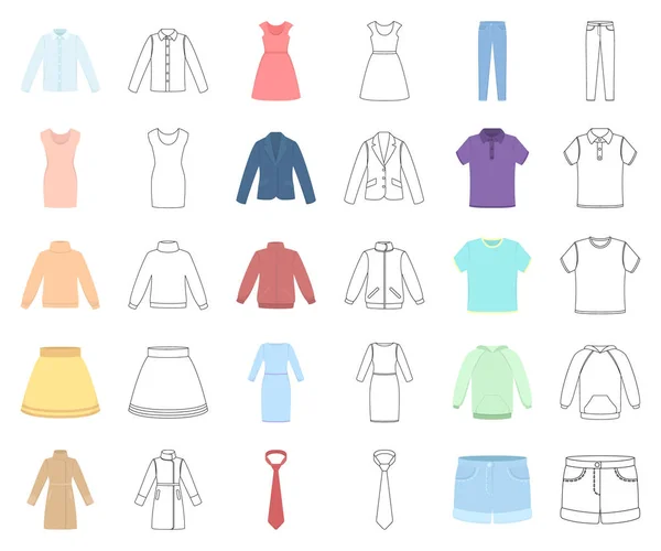 不同种类的服装卡通, 轮廓图标在集合集合为设计。服装和样式向量标志股票网例证. — 图库矢量图片