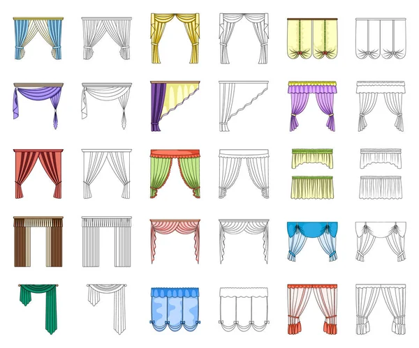 Diferentes tipos de cortinas desenhos animados, ícones de contorno na coleção de conjuntos para design. Cortinas e lambrequim símbolo vetorial ilustração web . — Vetor de Stock