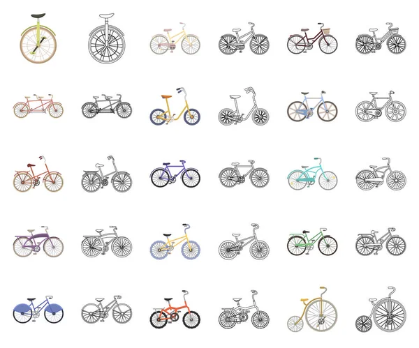 Διάφορα ποδήλατα καρτούν, περίγραμμα εικονίδια στη συλλογή σετ για σχεδιασμό. Το είδος της μεταφοράς διάνυσμα σύμβολο μετοχής web εικονογράφηση. — Διανυσματικό Αρχείο