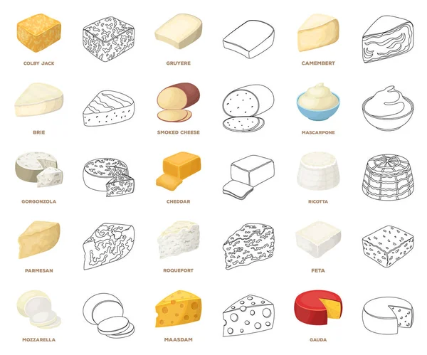 Diferentes tipos de dibujos animados de queso, iconos de contorno en la colección de conjuntos para design.Milk producto queso vector símbolo stock web ilustración . — Archivo Imágenes Vectoriales