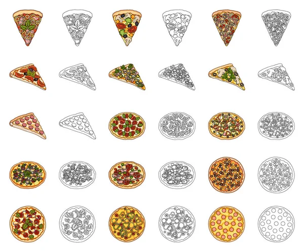 Διαφορετική πίτσα γελοιογραφία, περίγραμμα εικονίδια στη συλλογή σετ για σχεδιασμό. Πίτσα φαγητό διάνυσμα σύμβολο μετοχής web εικονογράφηση. — Διανυσματικό Αρχείο