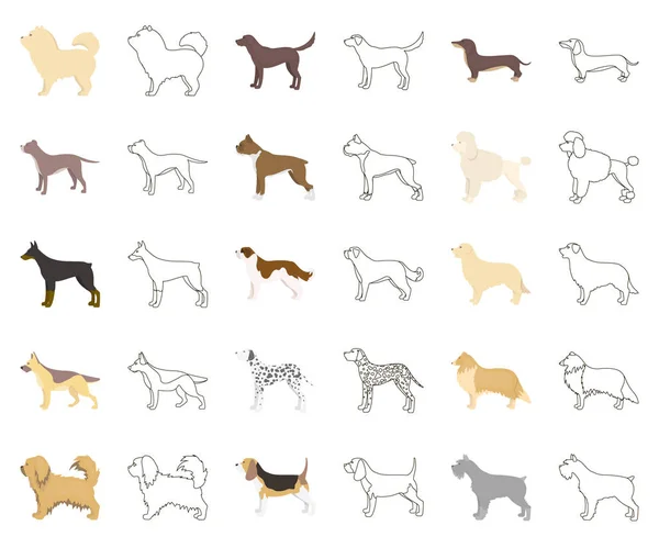 Perro razas de dibujos animados, iconos de contorno en la colección de conjuntos para design.Dog mascota vector símbolo stock web ilustración . — Vector de stock