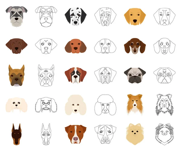 Perro razas de dibujos animados, iconos de contorno en la colección de conjuntos para design.Muzzle de un perro vector símbolo stock web ilustración . — Vector de stock