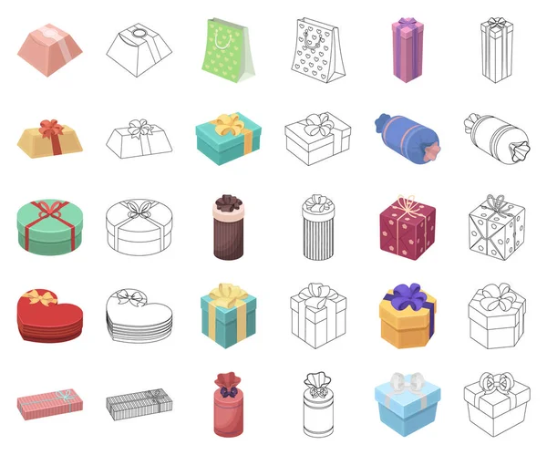 Geschenk und Verpackung Cartoon, umreißen Symbole im Set Sammlung für design.bunte Verpackung Vektor Symbol Stock Web-Illustration. — Stockvektor