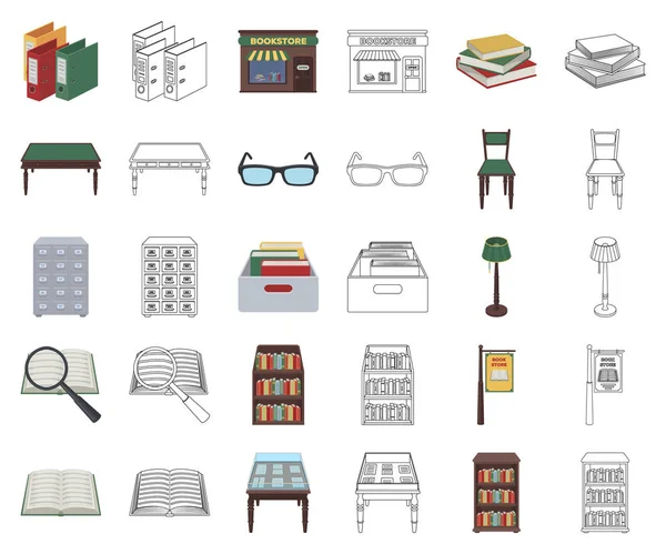 图书馆和书店卡通, 大纲图标在集合中进行设计。书籍和家具向量标志股票网例证. — 图库矢量图片