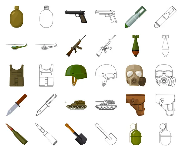 Dibujos animados del ejército y el armamento, esbozan iconos en la colección de conjuntos para el diseño. Armas y equipo vector símbolo stock web ilustración . — Vector de stock