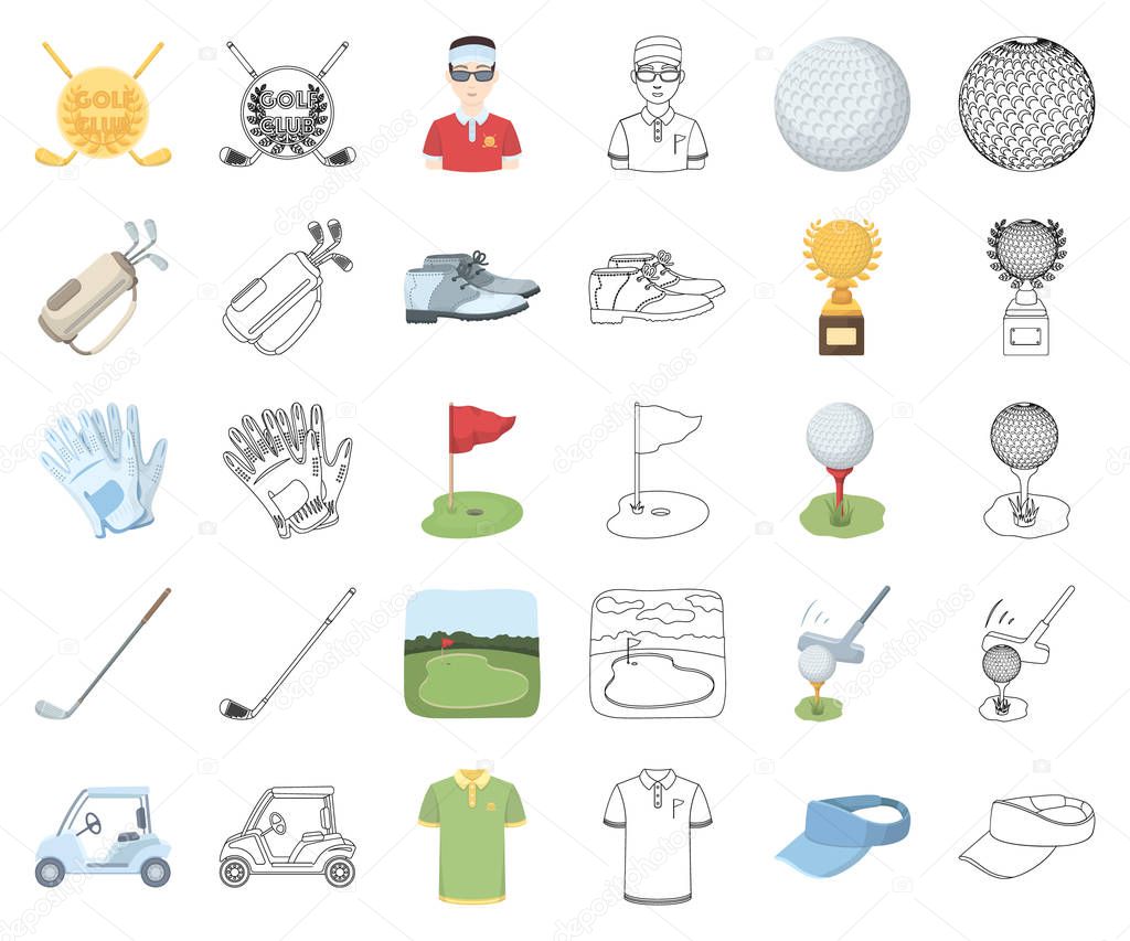 Golf and attributes cartoon,outline icons in set collection for design.Golf Club and equipment vector symbol stock  illustration.