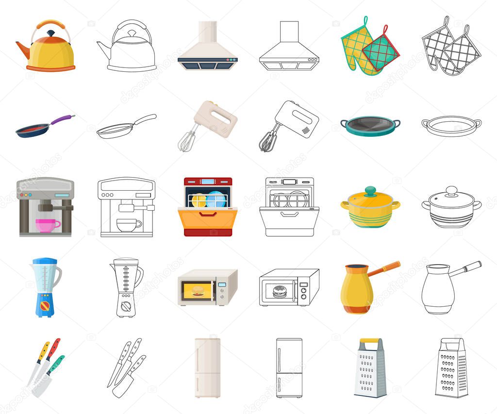 Kitchen equipment cartoon,outline icons in set collection for design. Kitchen and accessories vector symbol stock web illustration.