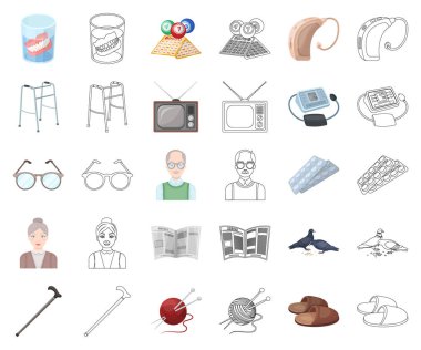 İnsan yaşlılık çizgi film, set koleksiyonu tasarım için anahat simgeleri. Emekli, hayat vektör simge stok web resimde nokta.