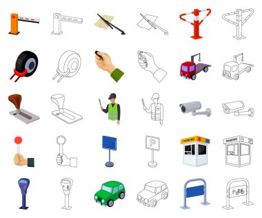 Arabalar çizgi film için Otopark, set koleksiyonu tasarım için simgeleri anahat. Ekipman ve hizmet vektör simgesi web illüstrasyon stok.