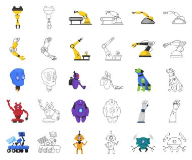 Robot ve fabrika simge vektör Illustration. Web için robot ve uzay hisse senedi simgesi kümesi.