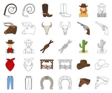 Rodeo, rekabet çizgi film, set koleksiyonu tasarım için anahat simgeleri. Kovboy ve ekipman sembol stok web illüstrasyon vektör.