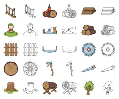 Kereste ve ahşap çizgi film, set koleksiyonu tasarım için anahat simgeleri. Donanım ve araçlar sembol stok web illüstrasyon vektör.