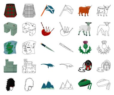 Ülke İskoçya çizgi film, set koleksiyonu tasarım için anahat simgeleri. Gezi, kültür ve gelenek sembol stok web illüstrasyon vektör.