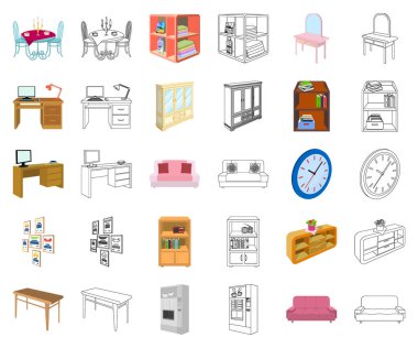 Mobilya ve iç çizgi film, anahat simgeleri toplama tasarımı için ayarlayın. Ev mobilyası izometrik sembol stok web illüstrasyon vektör.