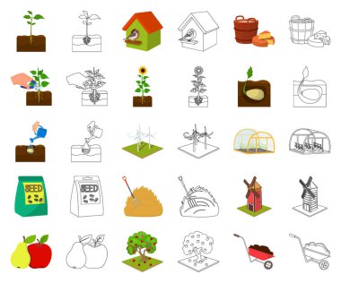 Çiftlik ve tarım çizgi film, set koleksiyonu tasarım için anahat simgeleri. Bahçe ve bitki izometrik vektör simge stok web çizim.