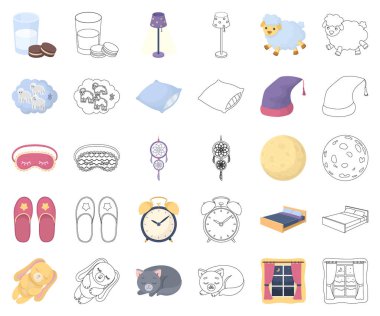 Dinlenme ve uyku çizgi film, set koleksiyonu tasarım için anahat simgeleri. Aksesuarlar ve konfor sembol stok web illüstrasyon vektör.