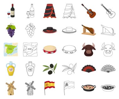 İspanya ülke çizgi film, set koleksiyonu tasarım için anahat simgeleri. Sembol stok web illüstrasyon vektör seyahat ve konumlar.