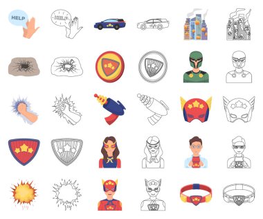 Harika süper kahraman çizgi film, set koleksiyonu tasarım için anahat simgeleri. Superheros ekipman vektör simge stok web çizim.